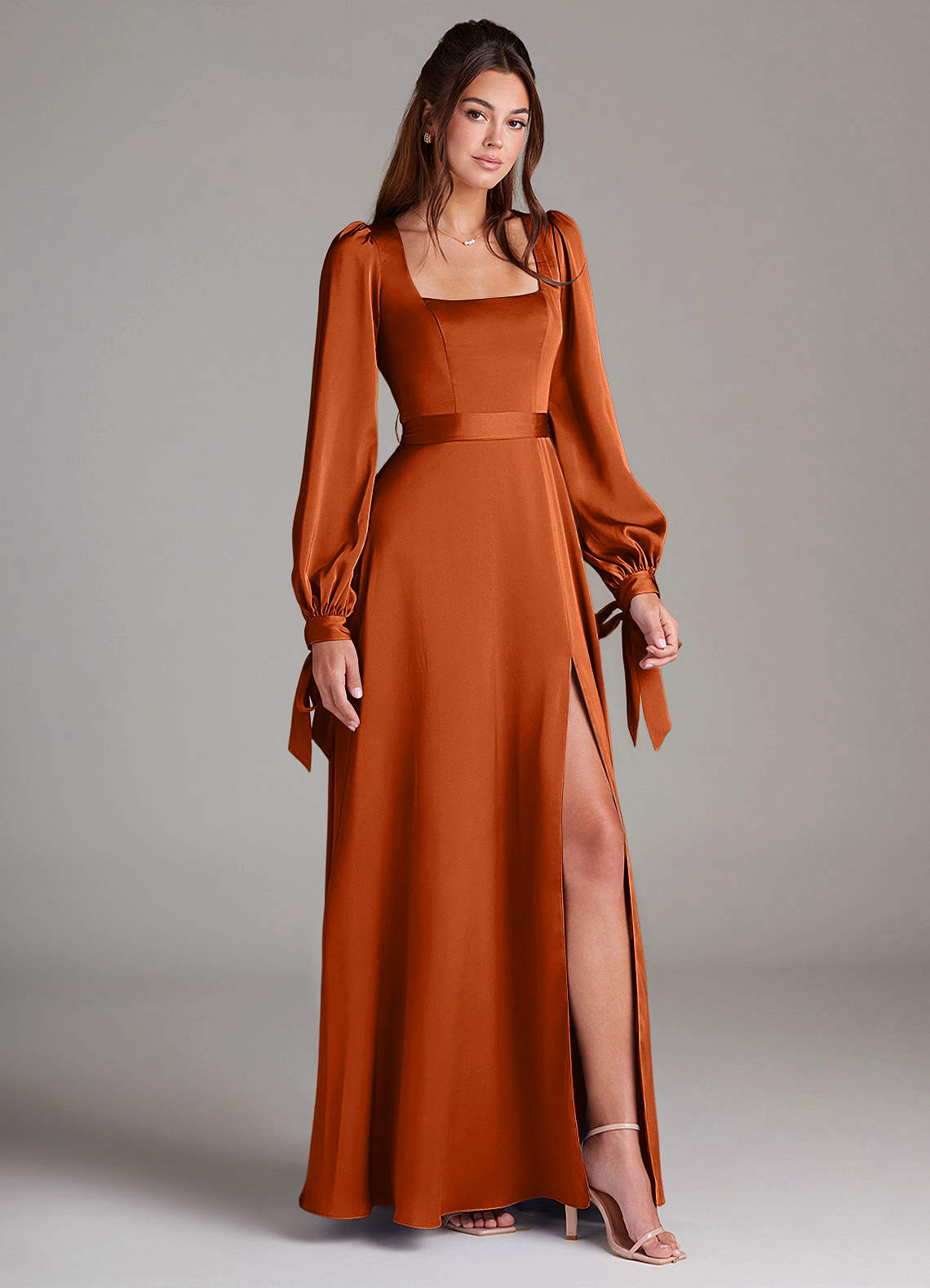 Azazie Leonia Bridesmaid Dresses Burnt Orange A-Line Long Sleeve Stretch Satin Dress image2