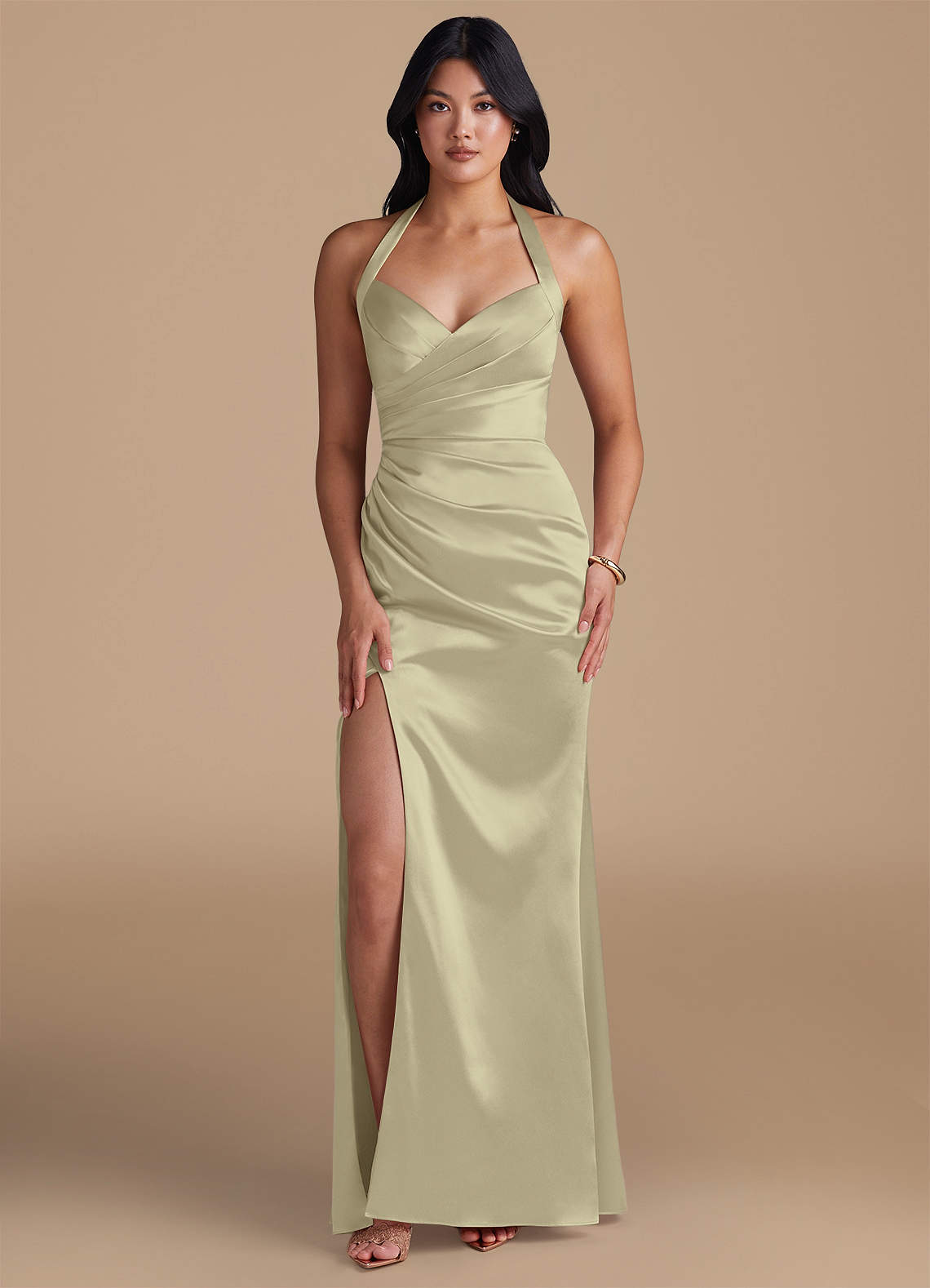 Azazie Emeria Bridesmaid Dresses Moss Green Sheath Side Slit Metallic Satin Dress image1
