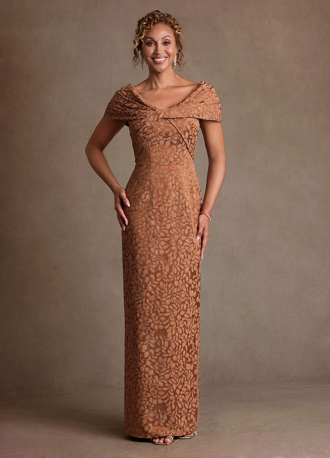 Azazie Atkins Caramel Cocoa Column Off the Shoulder Floral