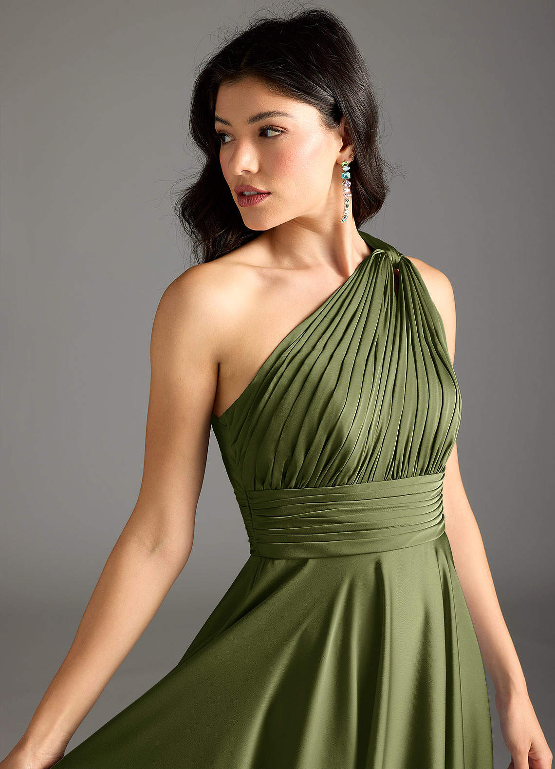 Azazie Charlize Bridesmaid Dresses Olive A-Line One Shoulder Stretch Satin Dress image6