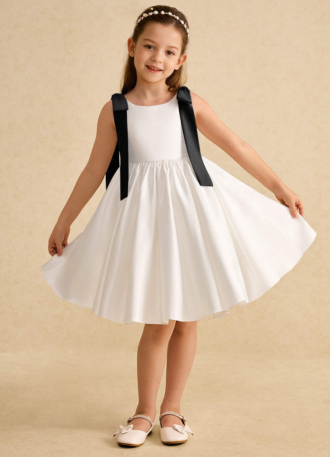 Azazie Stacie Flower Girl Dresses Ivory Black A-Line Bow Matte Satin Dress image1