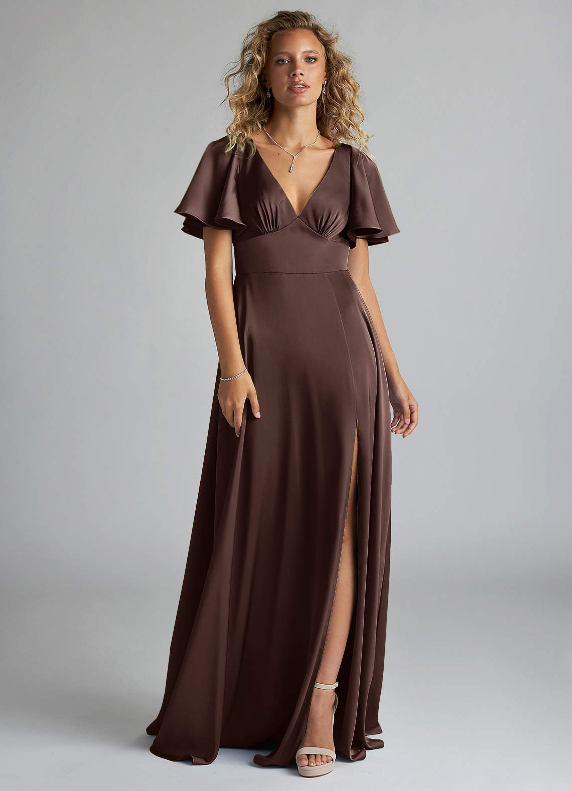 Azazie Kimber Bridesmaid Dresses Ganache A-Line Ruched Stretch Satin Dress image2