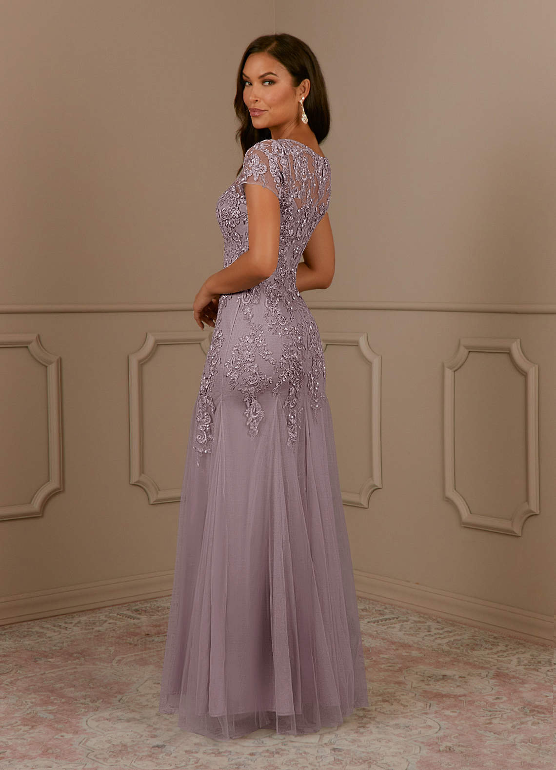 Azazie Laurie Venta Final Vestido de Taupe de Tul de Corte Sirena con Scoop Lentejuelas image4