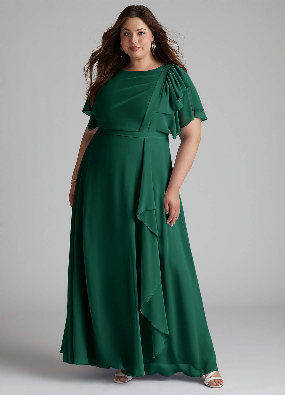 Azazie Aaliyah Modest Bridesmaid Dresses A-Line Scoop Pleated Chiffon Floor-Length Dress image1
