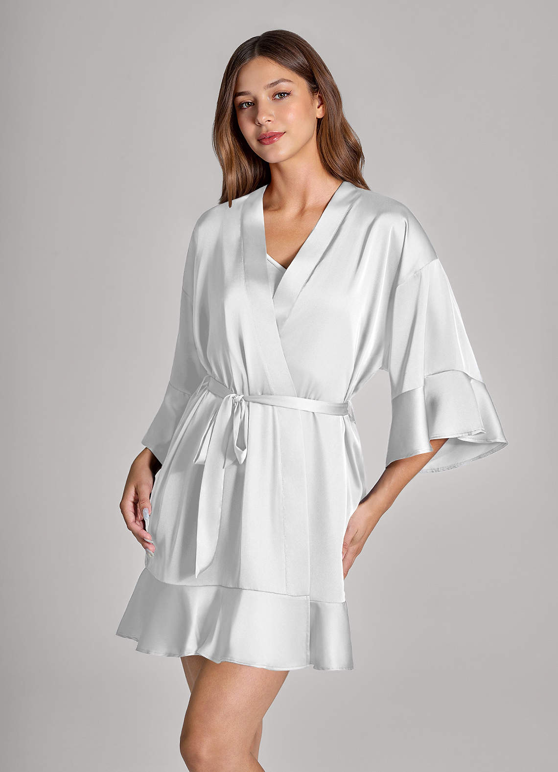 White Ruffle Robe White Matching Color 2-Piece Ruffle Satin Robe and Slip Set Robes | Azazie