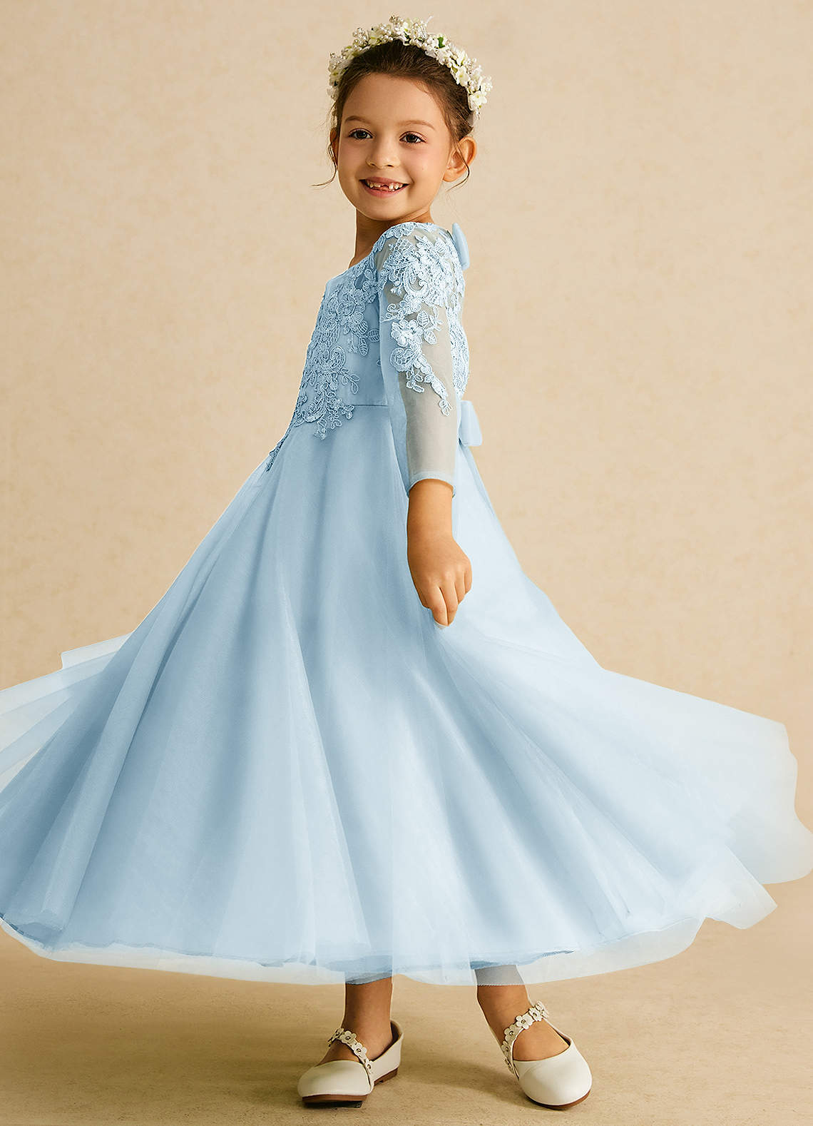 Azazie Precious Flower Girl Dresses Sky Blue A-Line Lace Tulle Dress image4