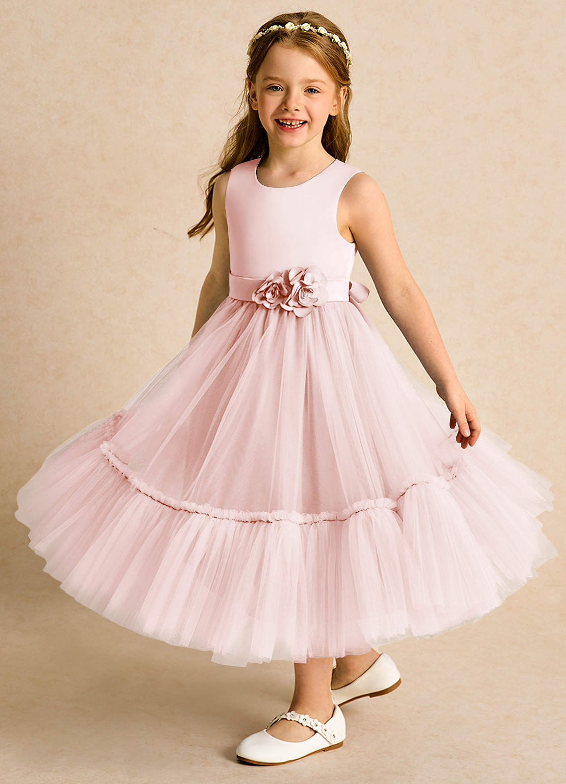 Azazie Miracle Flower Girl Dresses Blushing Pink A-Line Bow Matte Satin Dress image3