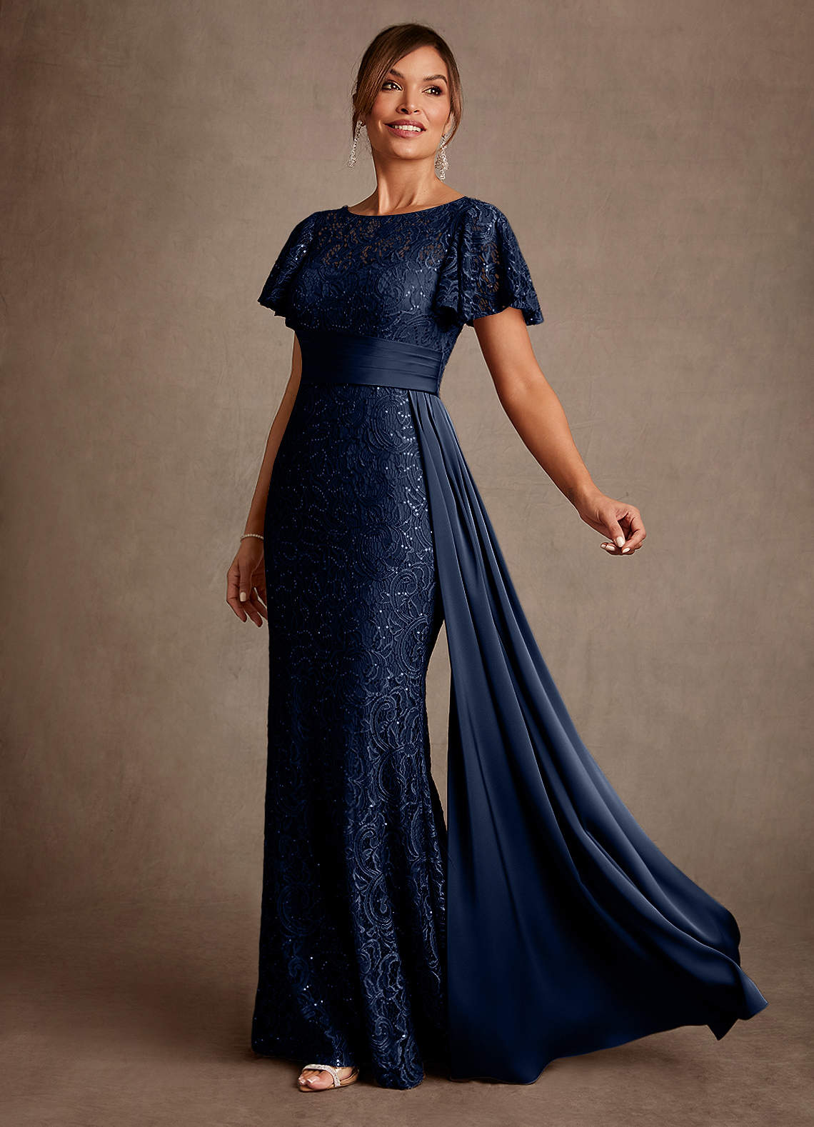 Azazie Harrison Dark Navy Mermaid Pleated Lace Dress | Azazie
