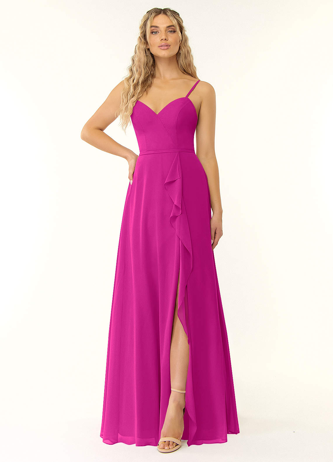 Azazie Naeem Vestidos de damas de honor Vestido de Fucsia de Gasa de Corte en A con Cuello en V fruncido image1