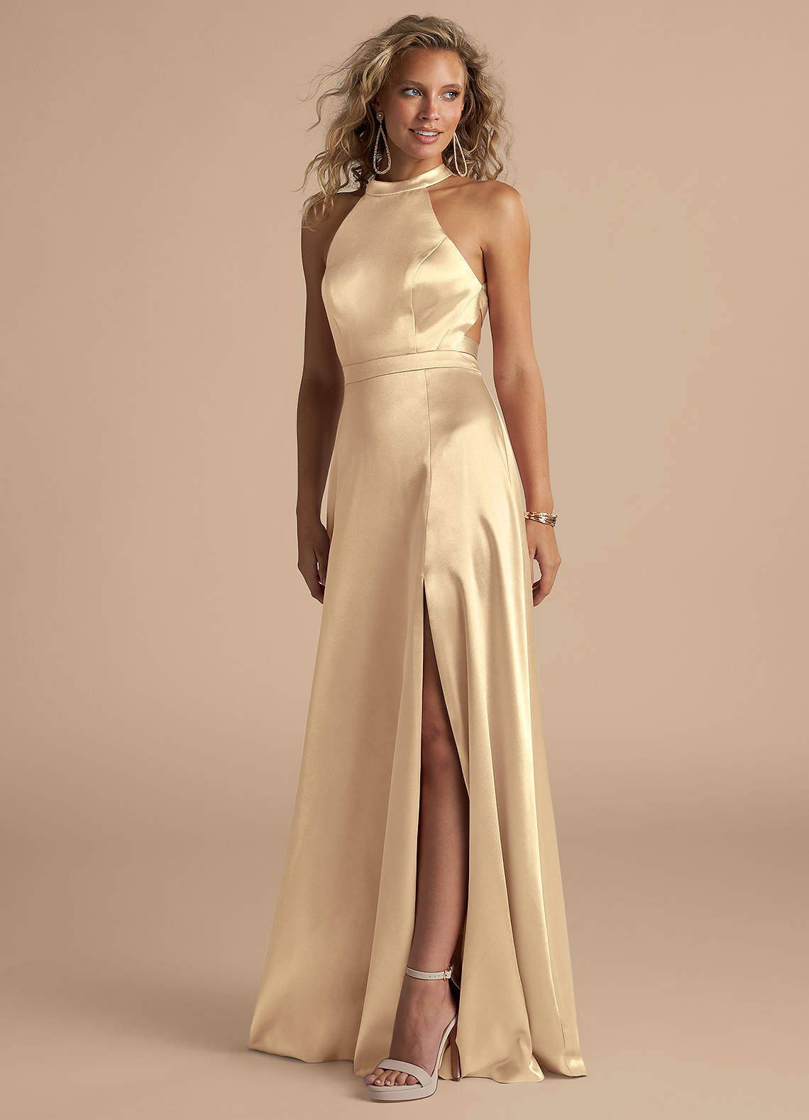 Azazie Clarice Bridesmaid Dresses Gold A-Line High Neck Metallic Satin Dress image1
