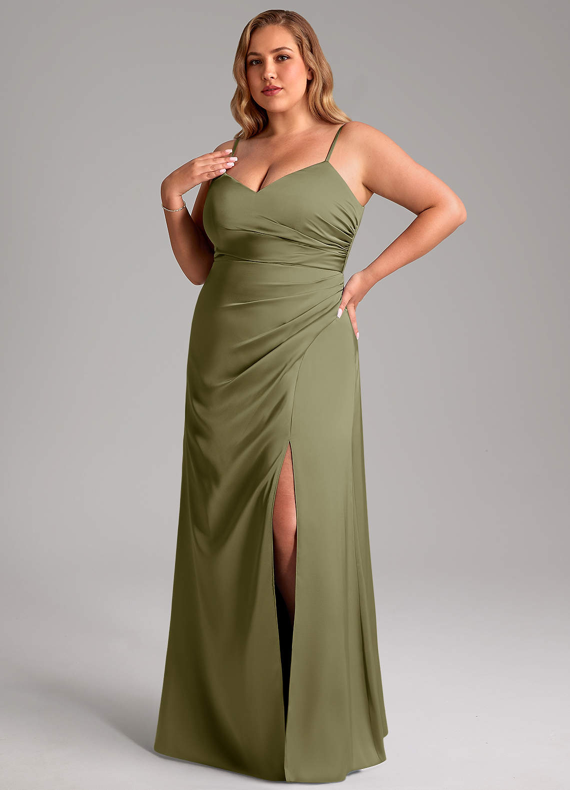Azazie Azuree Bridesmaid Dresses Pistachio A-Line Pleated Stretch Satin Dress image1