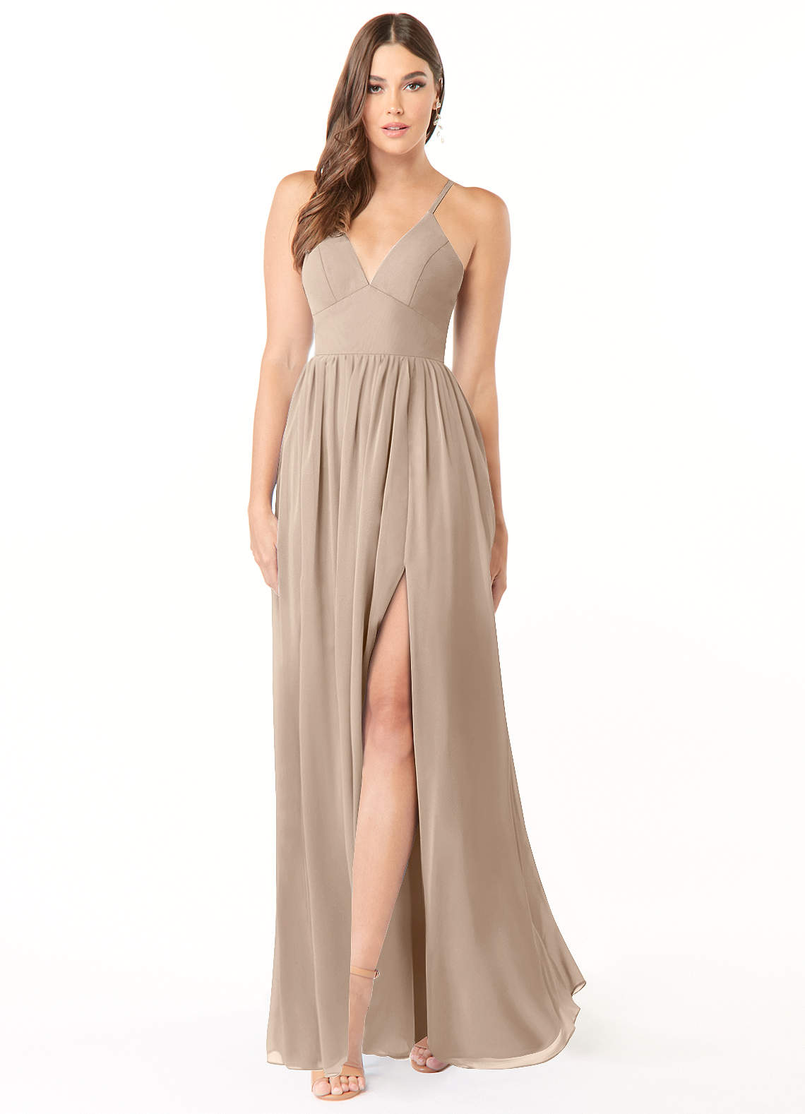 Azazie Aaida Bridesmaid Dresses Taupe A-Line Corset Chiffon Dress image1