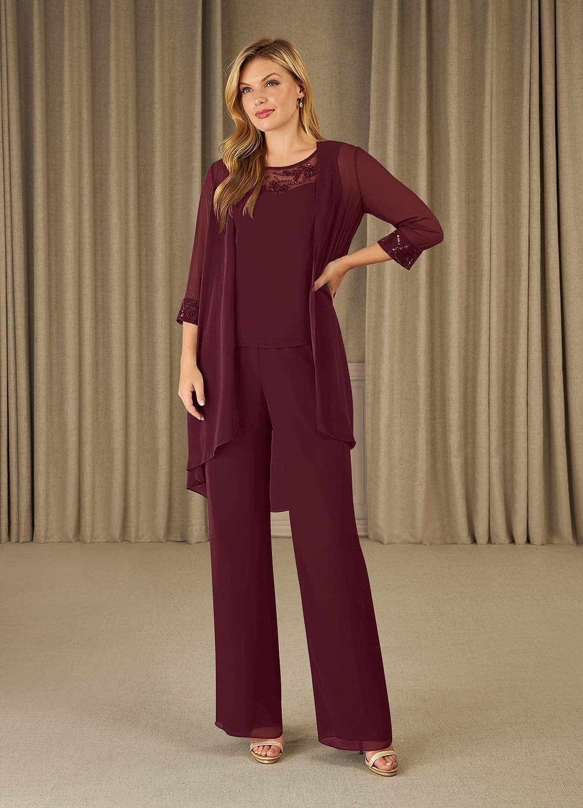 Azazie Maura At-home Try On Dresses Cabernet Jumpsuit/Pantsuit Sequins Chiffon Dress image1