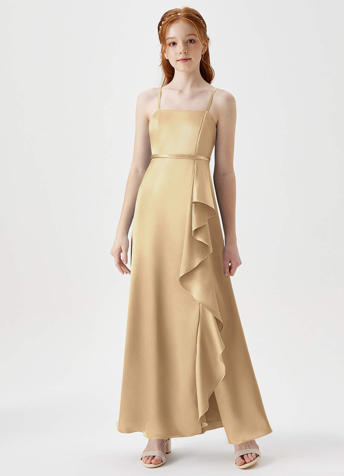 Azazie Kaylee Junior Robe Trapèze en Satiné métallisé avec ceinture Champagne image1