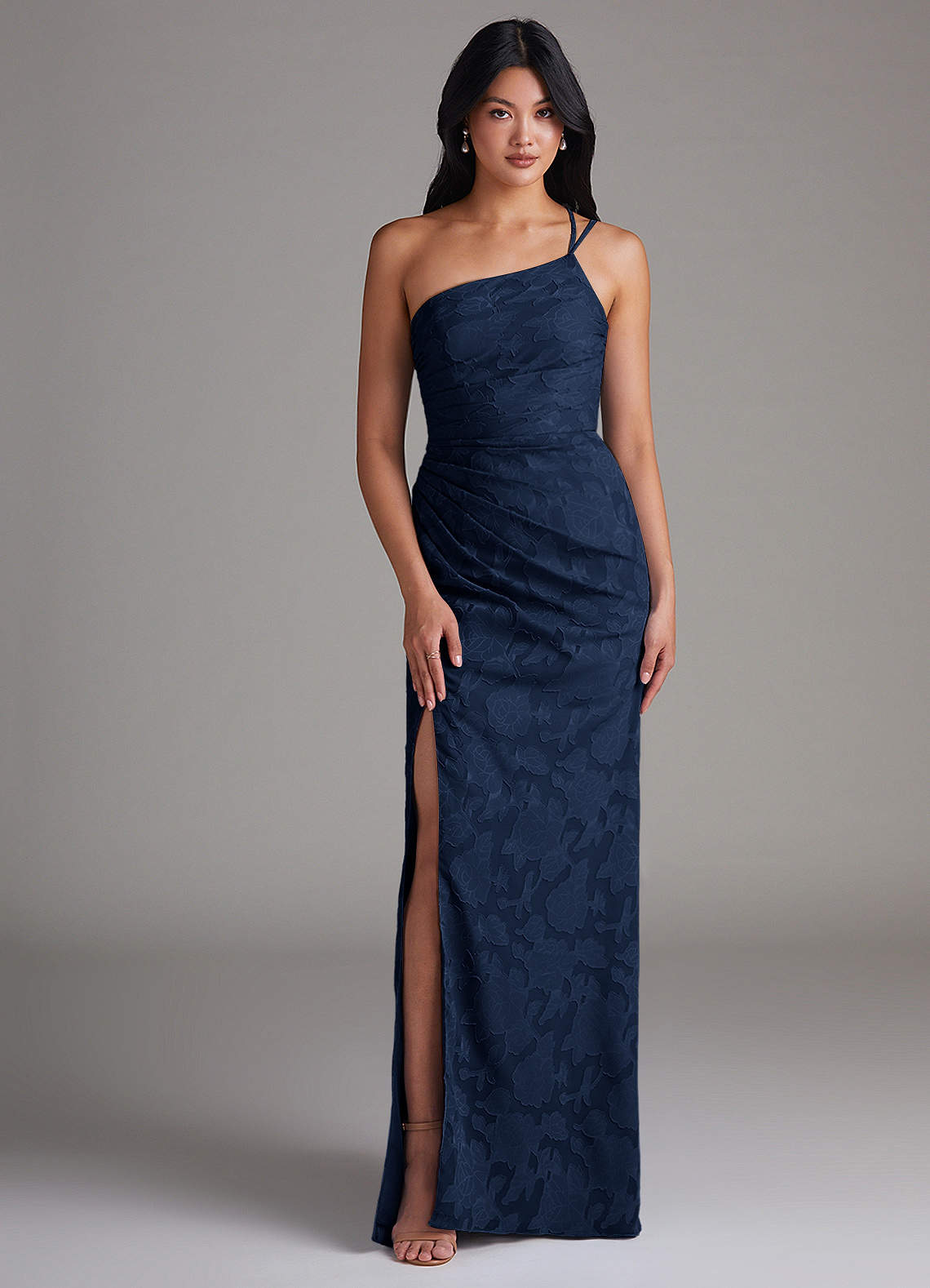 Azazie Eren Jurken voor bruidsmeisjes Jurk van Bloemen Burn-out met Kolom One-Shoulder Donkere Marine image1