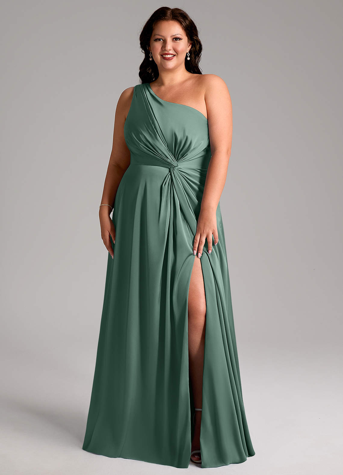 Azazie Brooke Bridesmaid Dresses Eucalyptus A-Line One Shoulder Stretch Satin Dress image7