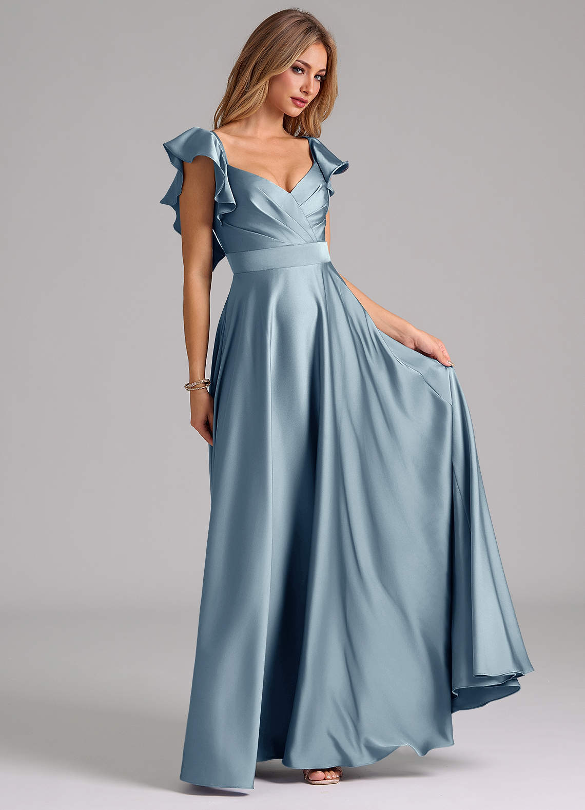 Azazie Leilani Bridesmaid Dresses Dusty Blue A-Line Ruched Stretch Satin Dress image3