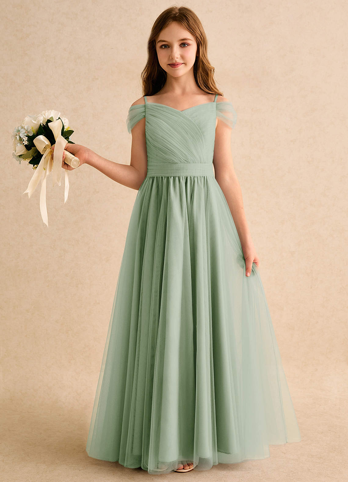 Azazie Yuna Junior Formal Flower Girl Dresses Dusty Sage A-Line Off the Shoulder Tulle Dress image2