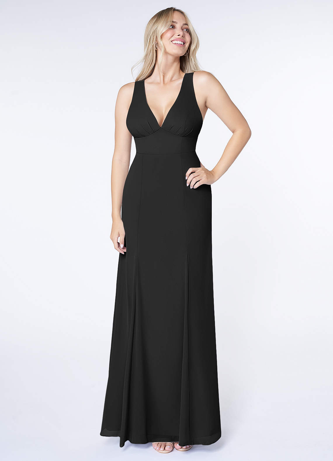 Azazie Christiana Brautjungfernkleider A-Linie V-Hals Gefaltet Chiffon Kleid Schwarz image1