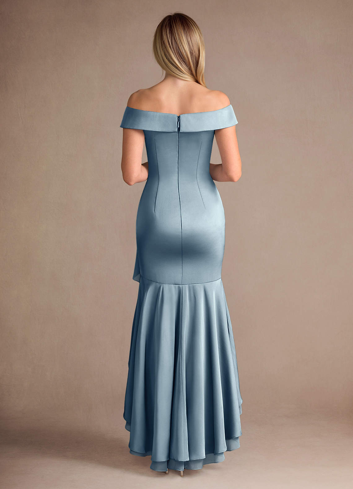 Azazie Billings Mother of the Bride Dresses Dusty Blue Mermaid Off the Shoulder Stretch Satin Dress image3