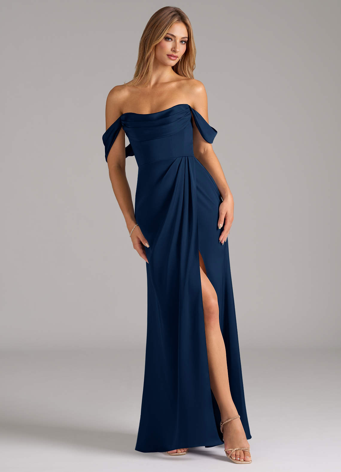 Azazie Johana Bridesmaid Dresses Dark Navy Mermaid Off the Shoulder Stretch Satin Convertible Dress image1