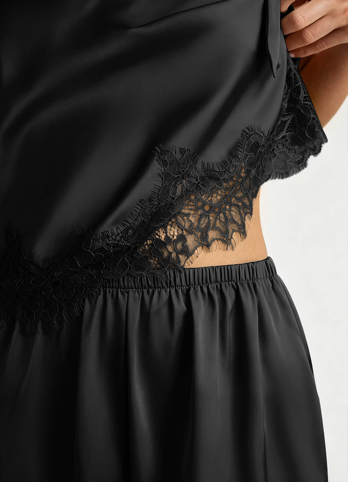 front Satin and Lace Bow Cami and Shorts Pajama Set