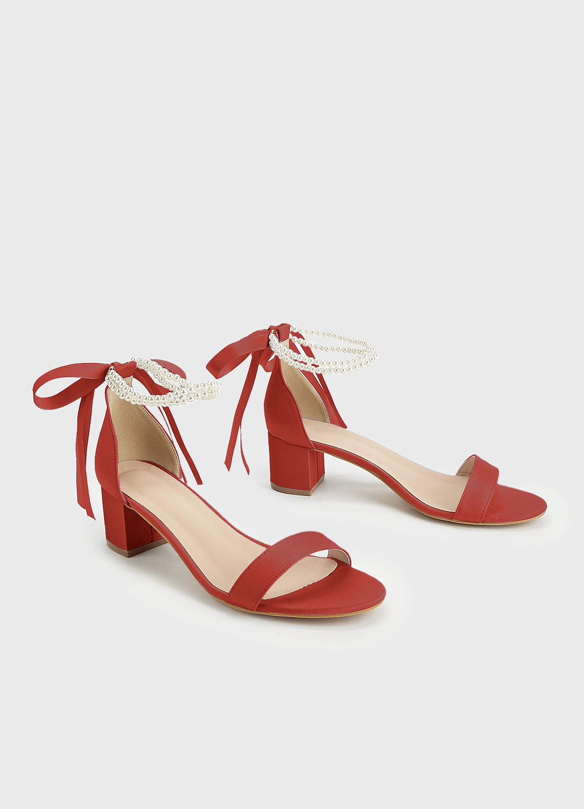 front Matching Color Matte Satin Pearl and Bow Open Toe Chunky Heel Sandals