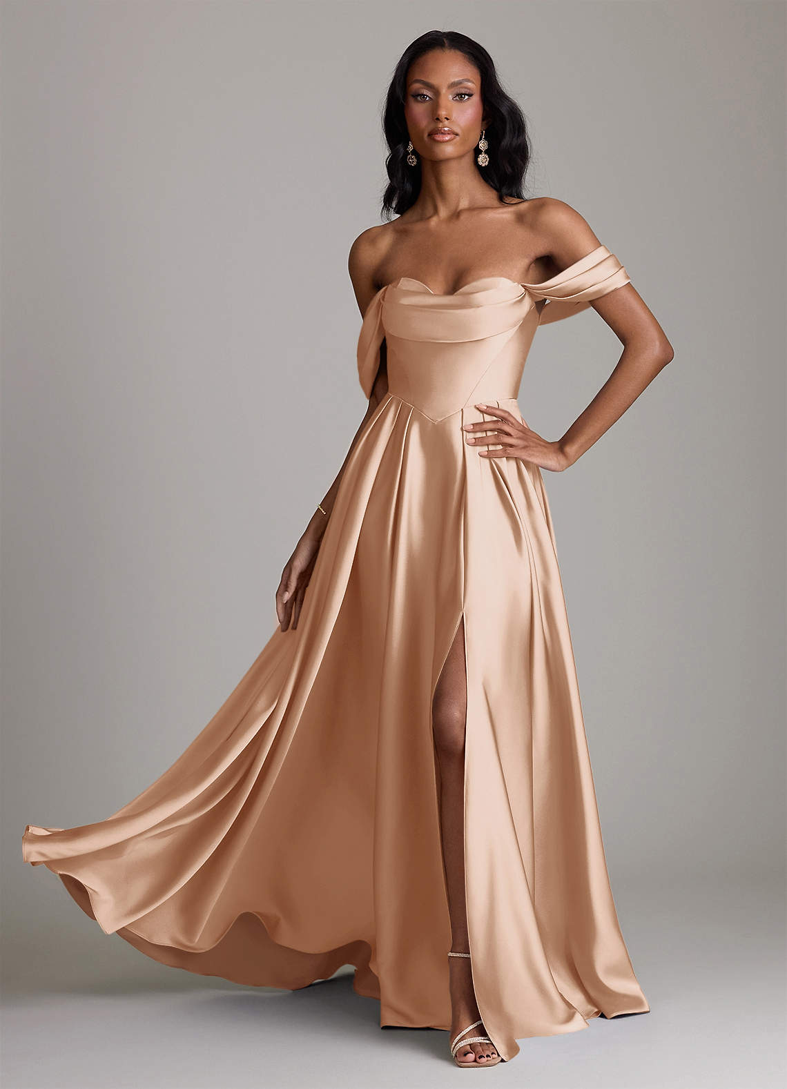 off the shoulder satin a line bridesmaid dress Azazie Loisa