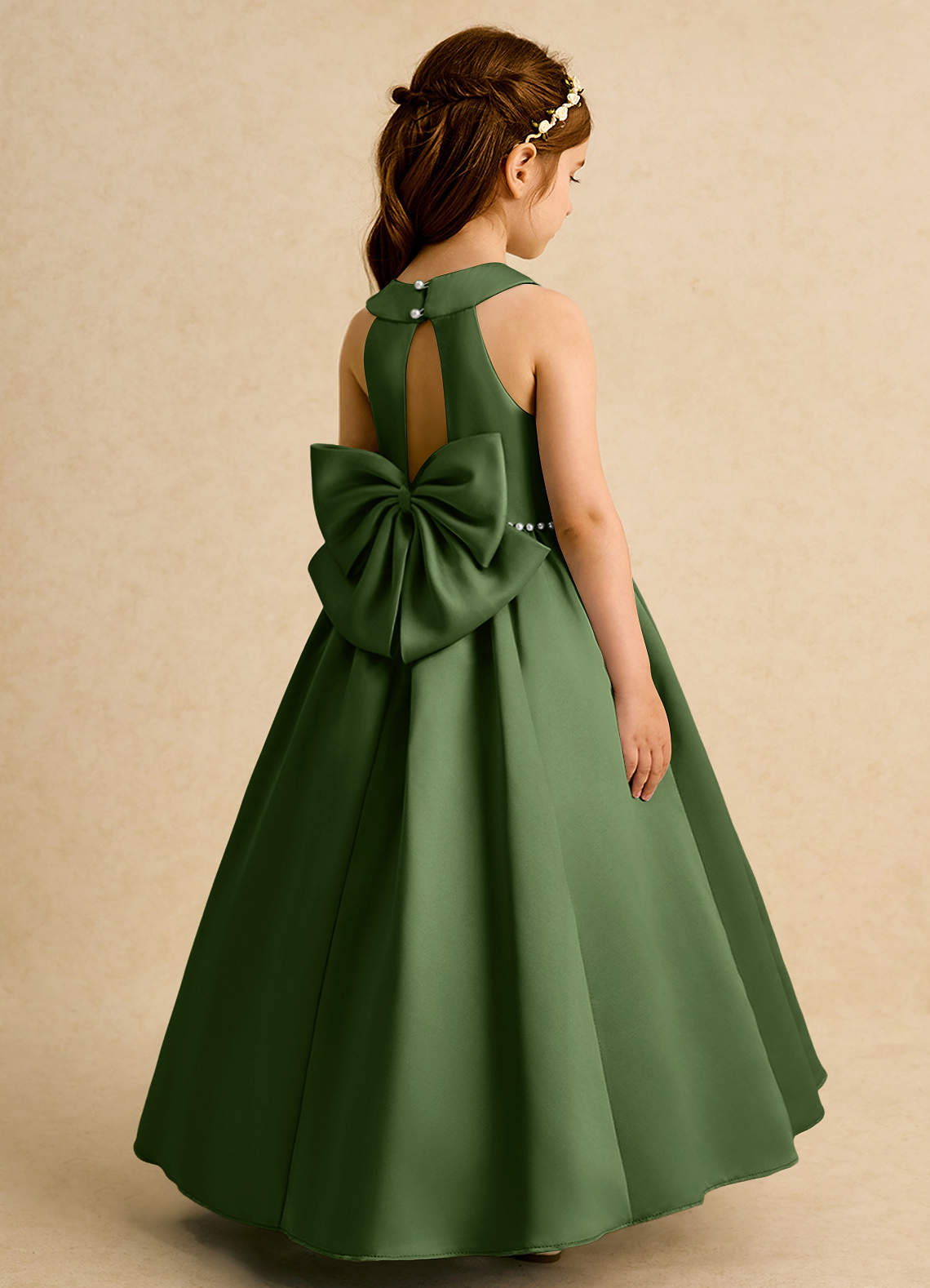 Azazie Daisies Flower Girl Dresses Olive Ball-Gown Bow Matte Satin Dress image1