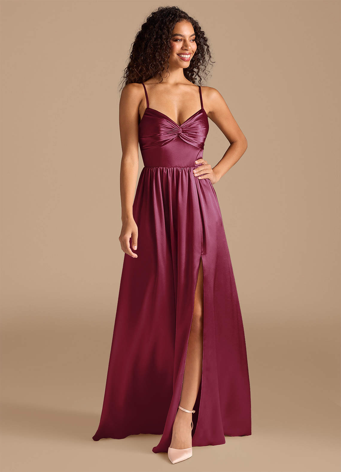 Azazie Zeya Bridesmaid Dresses Burgundy A-Line Pleated Metallic Satin Dress image1