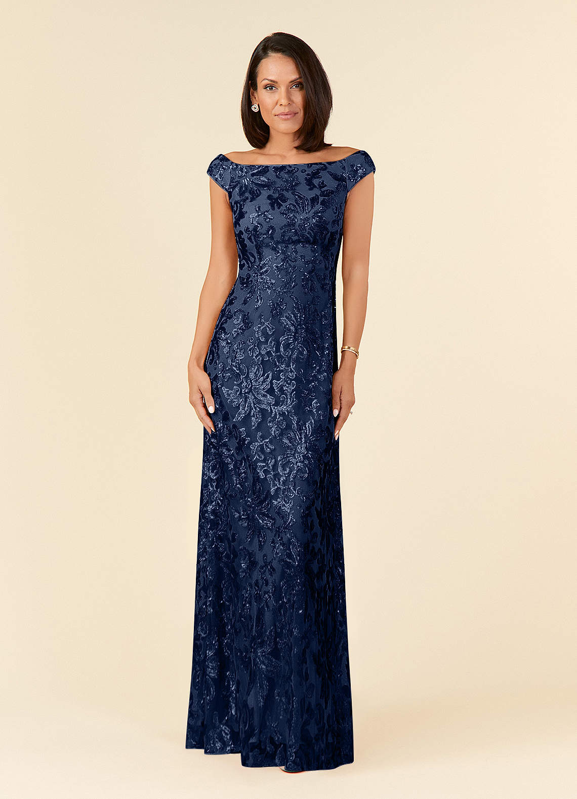 Azazie Porcelain Dark Navy A-Line Off the Shoulder Lace Dress | Azazie