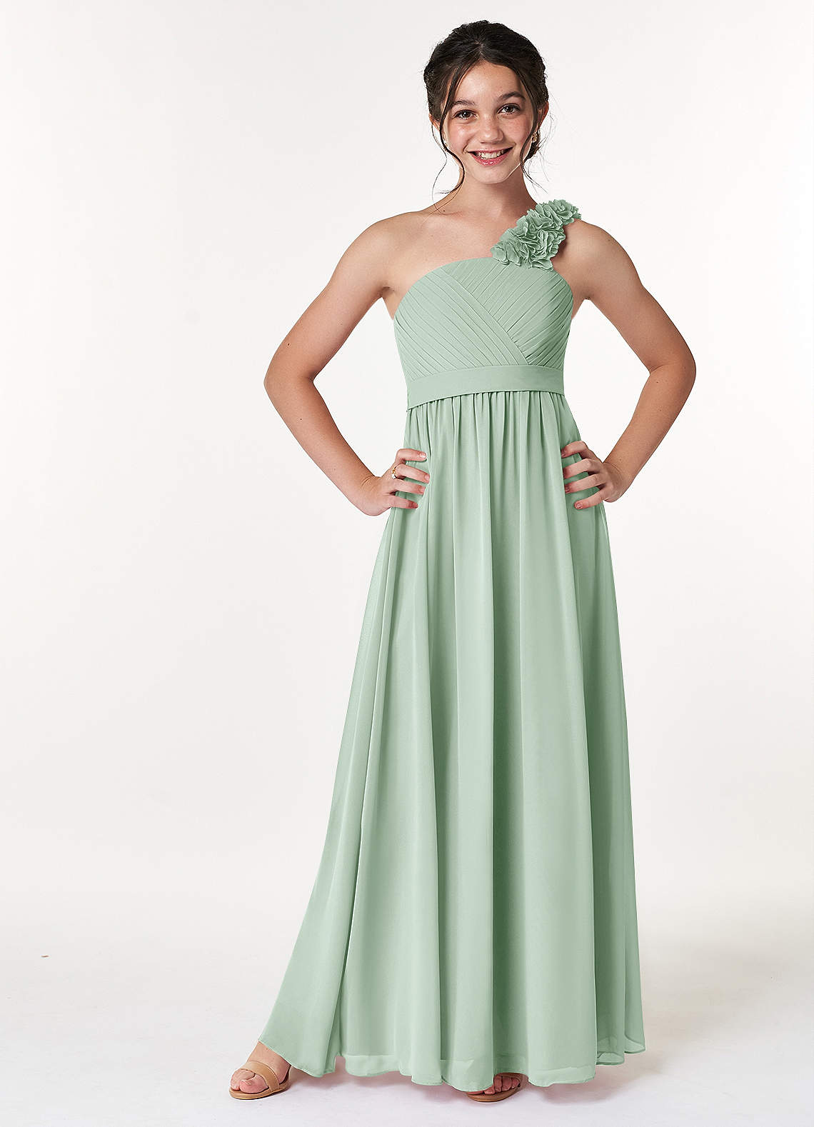 Azazie Flower Junior Agave A-Line Pleated Chiffon Dress image1