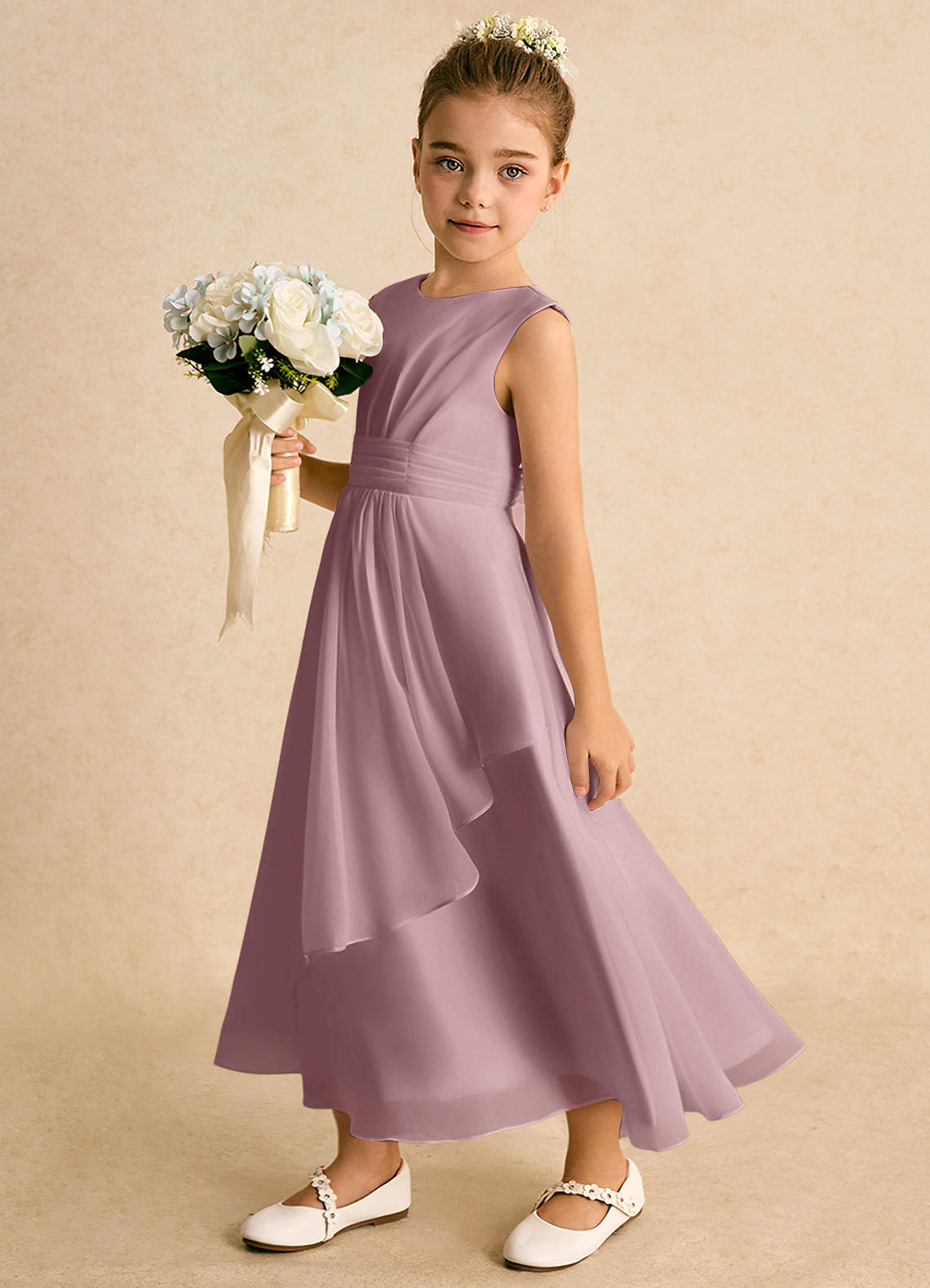 Azazie Edelweiss Flower Girl Dresses Dusty Rose A-Line Pleated Chiffon Dress image1