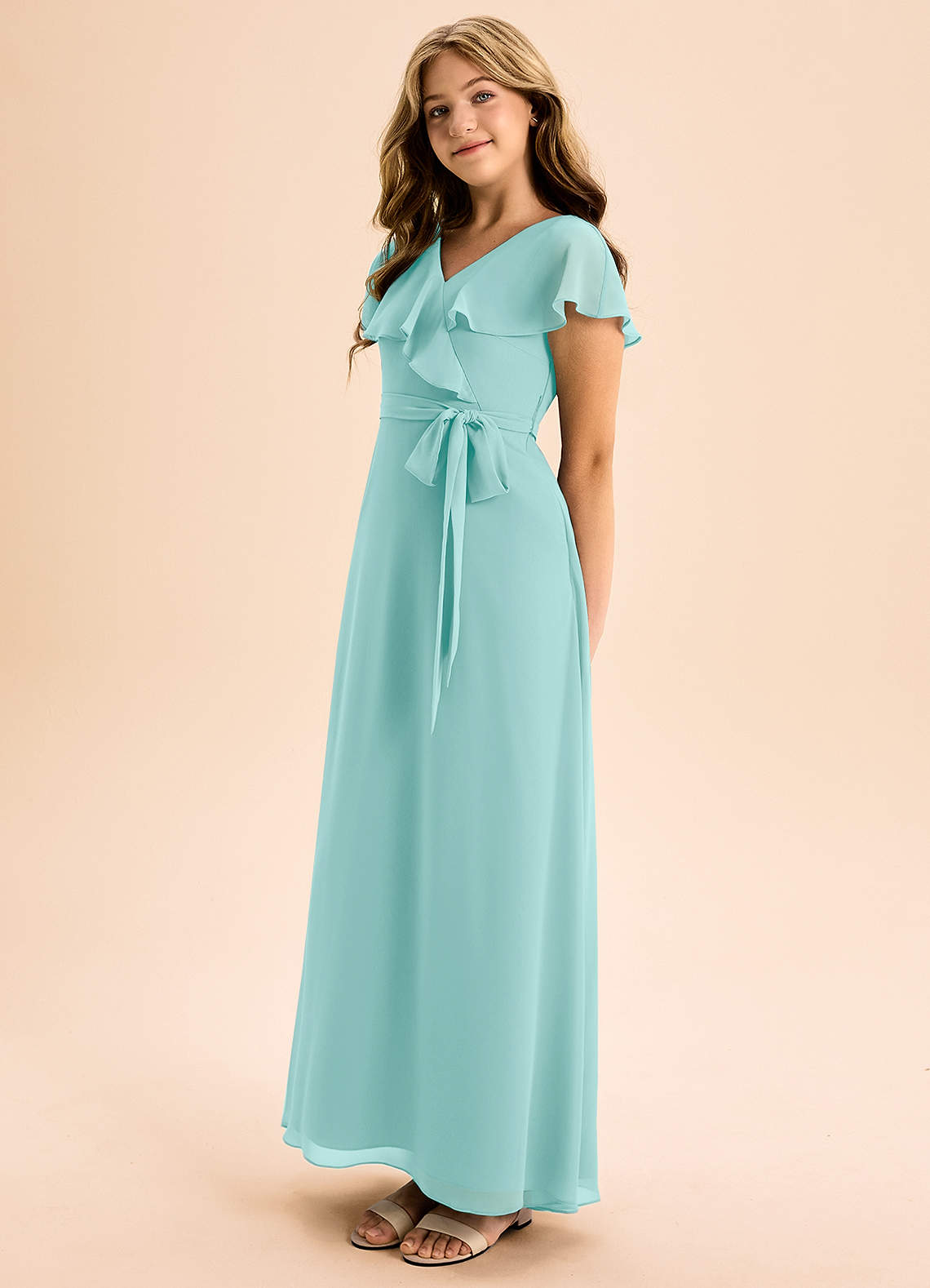 Azazie Lainey Junior Abito A-Line in Chiffon Con Tasche Acqua image1