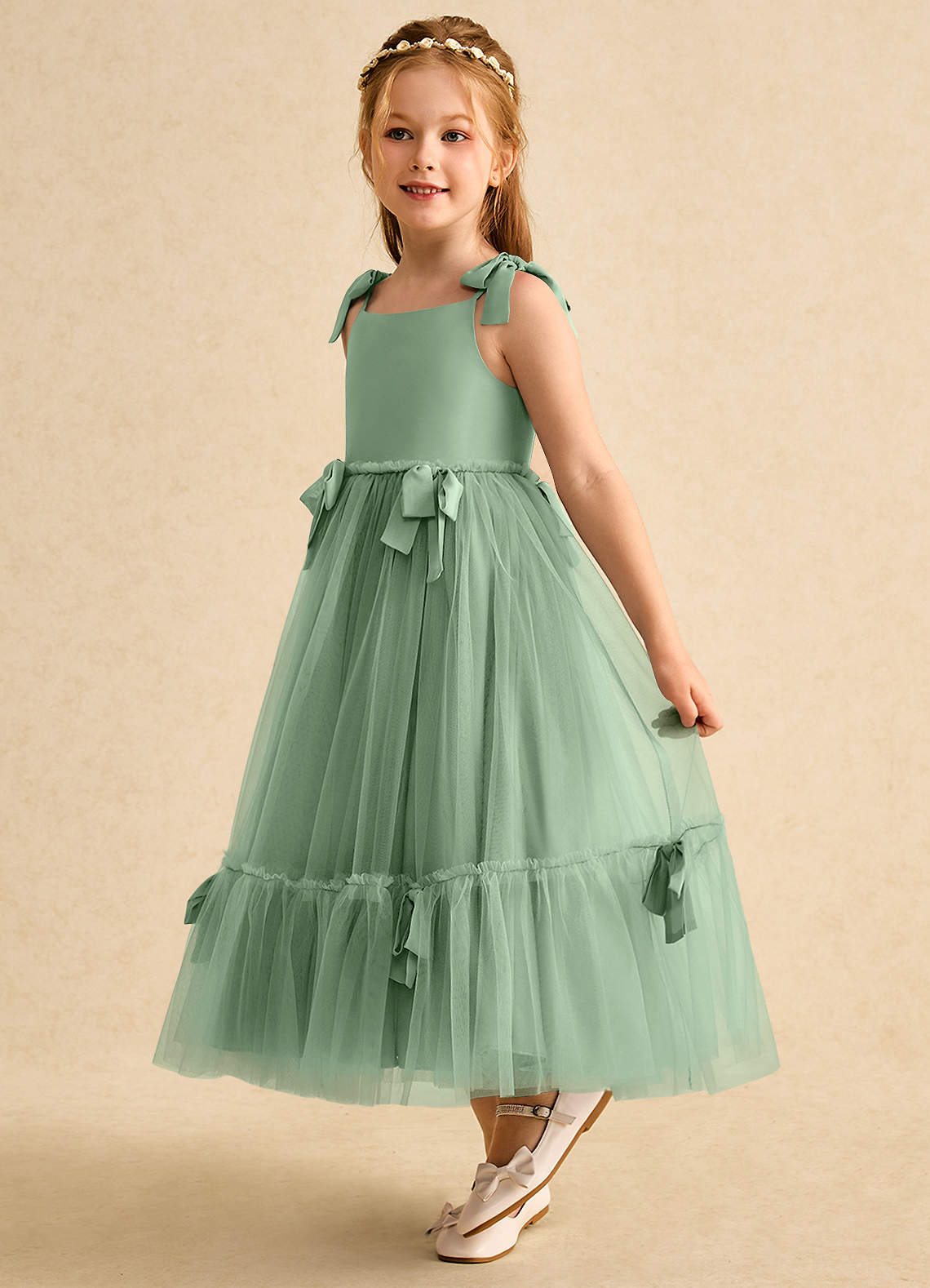 Azazie Jaci Flower Girl Dresses Matcha A-Line Spaghetti Strap Chiffon Dress image1
