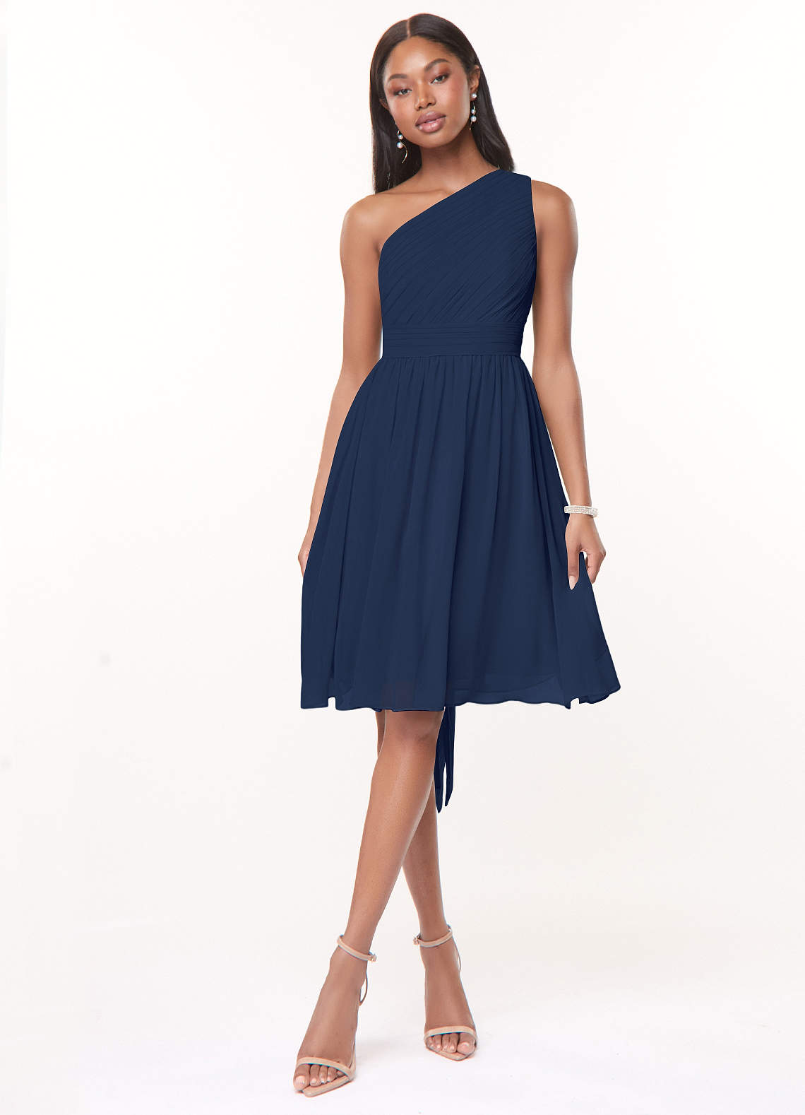 Azazie Katrina Bridesmaid Dresses Dark Navy A-Line One Shoulder Chiffon Dress image1