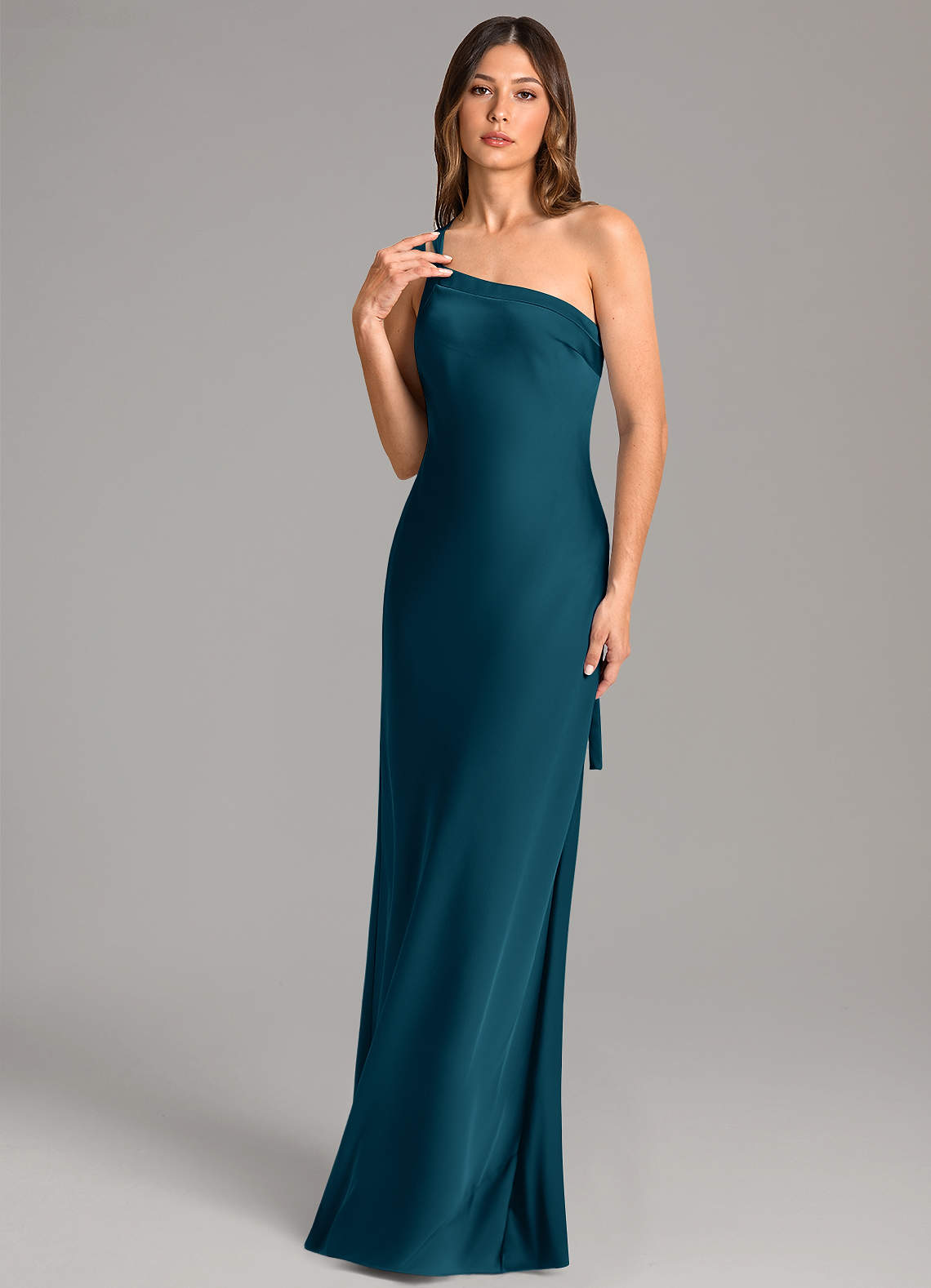 Azazie Monroe Bridesmaid Dresses Ink Blue Mermaid One Shoulder Stretch Satin Dress image1