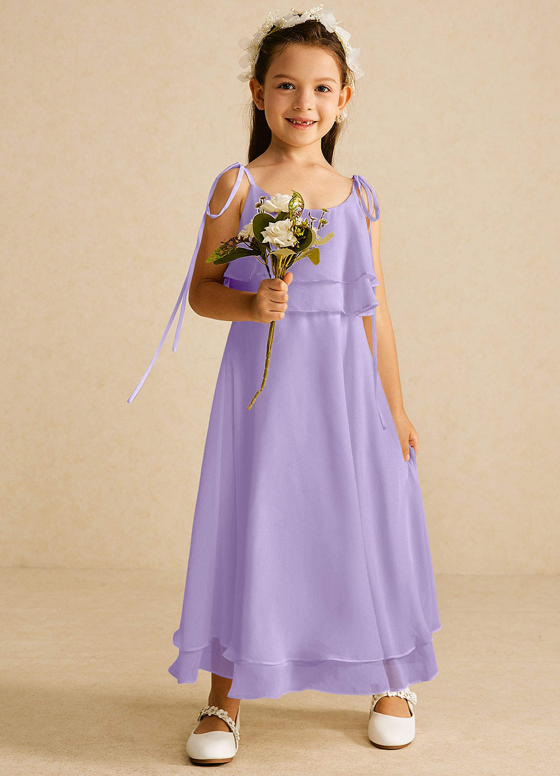 Azazie Temi Flower Girl Dresses Lilac A-Line Spaghetti Strap Chiffon Dress image1