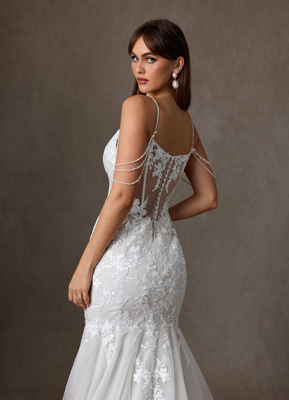 Azazie Denise Vestidos de noiva Vestido Diamante Branco de Tule de sereia com Lantejoulas image4