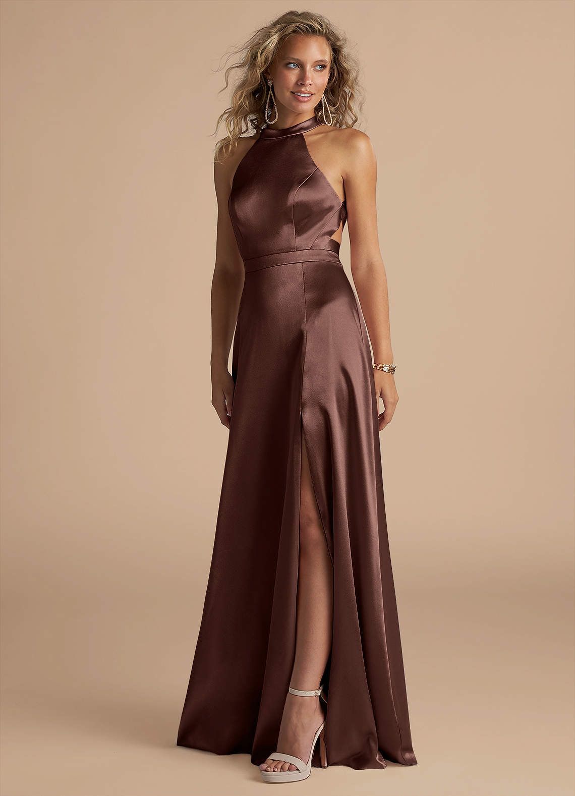 Azazie Clarice Ready to Ship Espresso Metallic Satin Bridesmaid Dresses |  Azazie