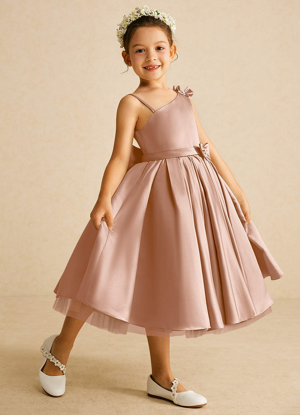 Azazie Lollipop Flower Girl Dresses Champagne Rose A-Line One Shoulder Matte Satin Dress image1