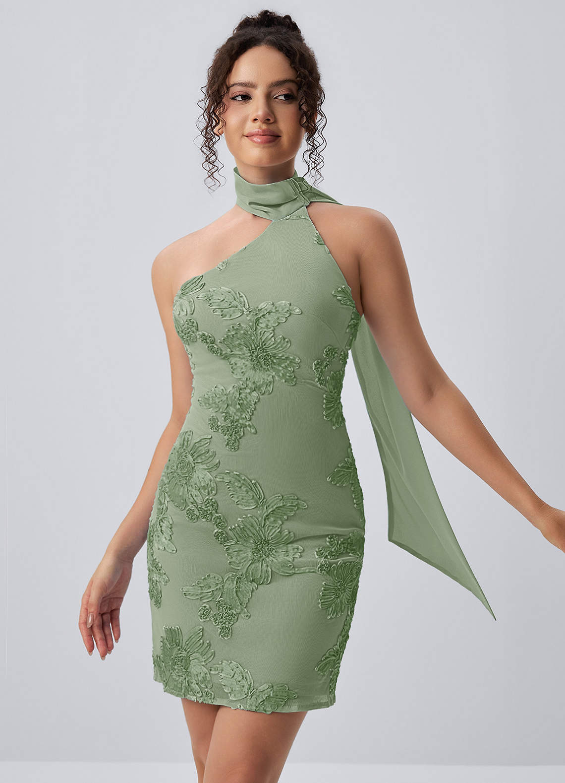 green halter dress mini Helene Light 3D Floral Mesh Open Back Bodycon
