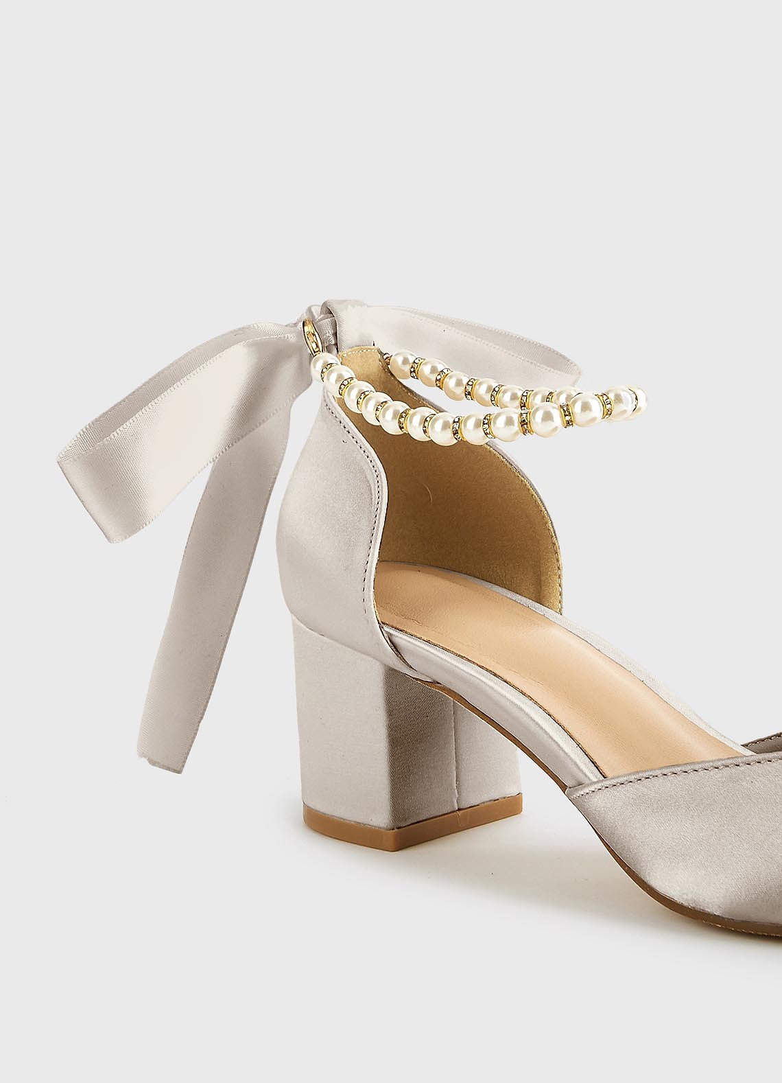 front Matching Color Matte Satin Pearl and Bow Pointed Toe Block Heels