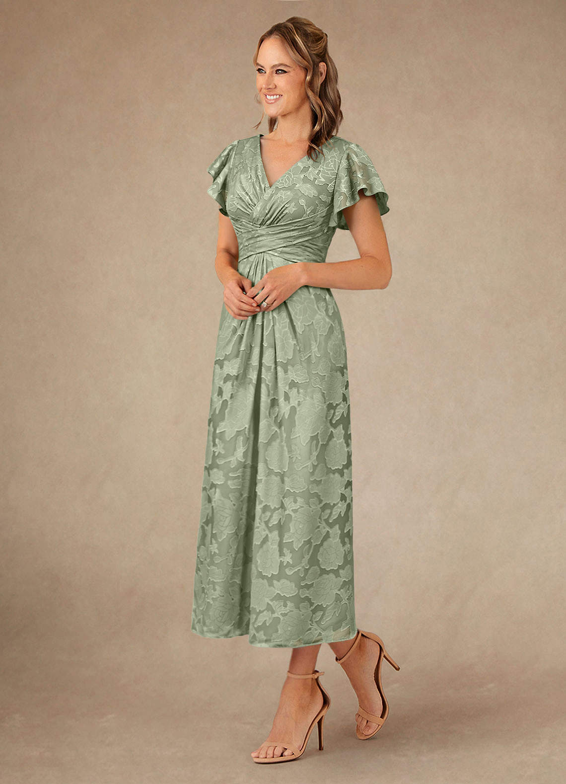 Azazie Vera Mother of the Bride Dresses Agave A-Line Pleated Floral Burnout Dress image1