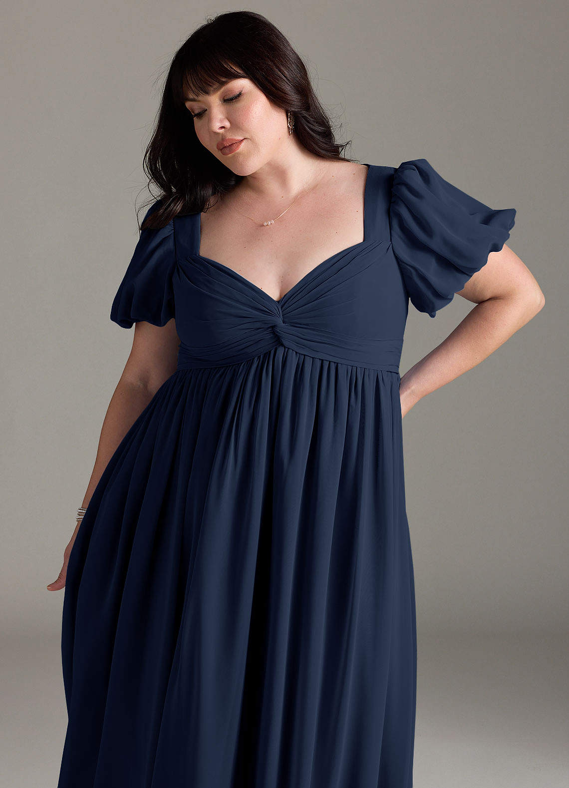 Azazie Madisynn At-home Try On Dresses Bow Chiffon Floor-Length Dress image8