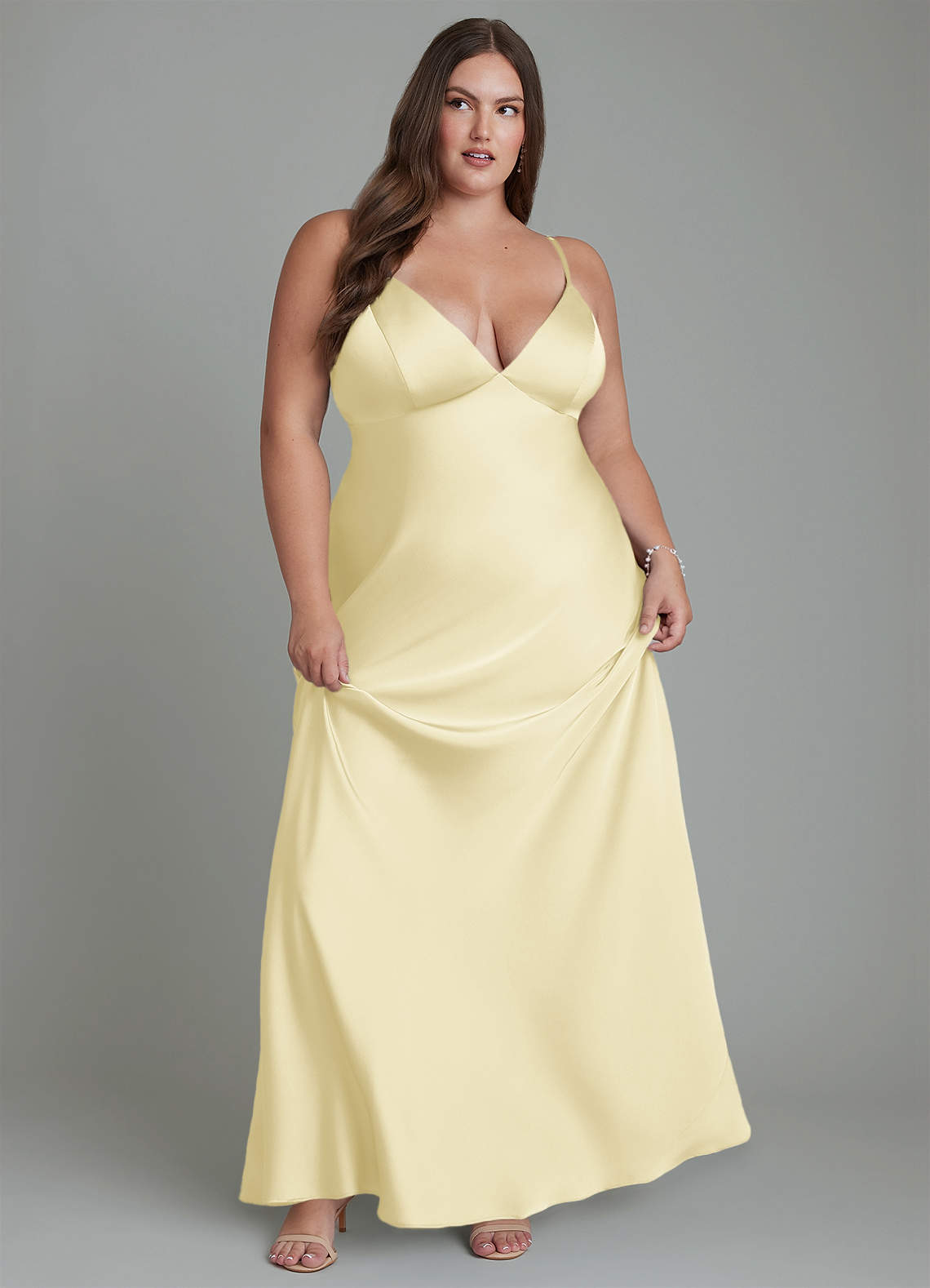 Azazie Stefania Bridesmaid Dresses Lemon Sorbet A-Line Stretch Satin Dress image10