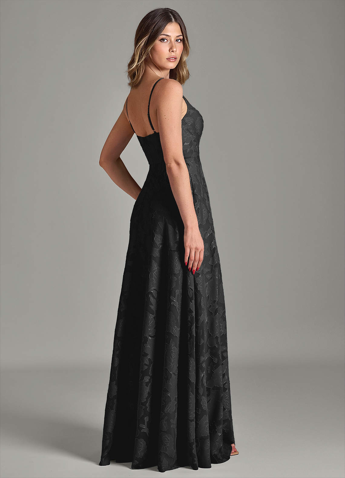 Azazie Amani Brautjungfernkleider A-Linie Plissee Blumen-Burnout Kleid Schwarz image1