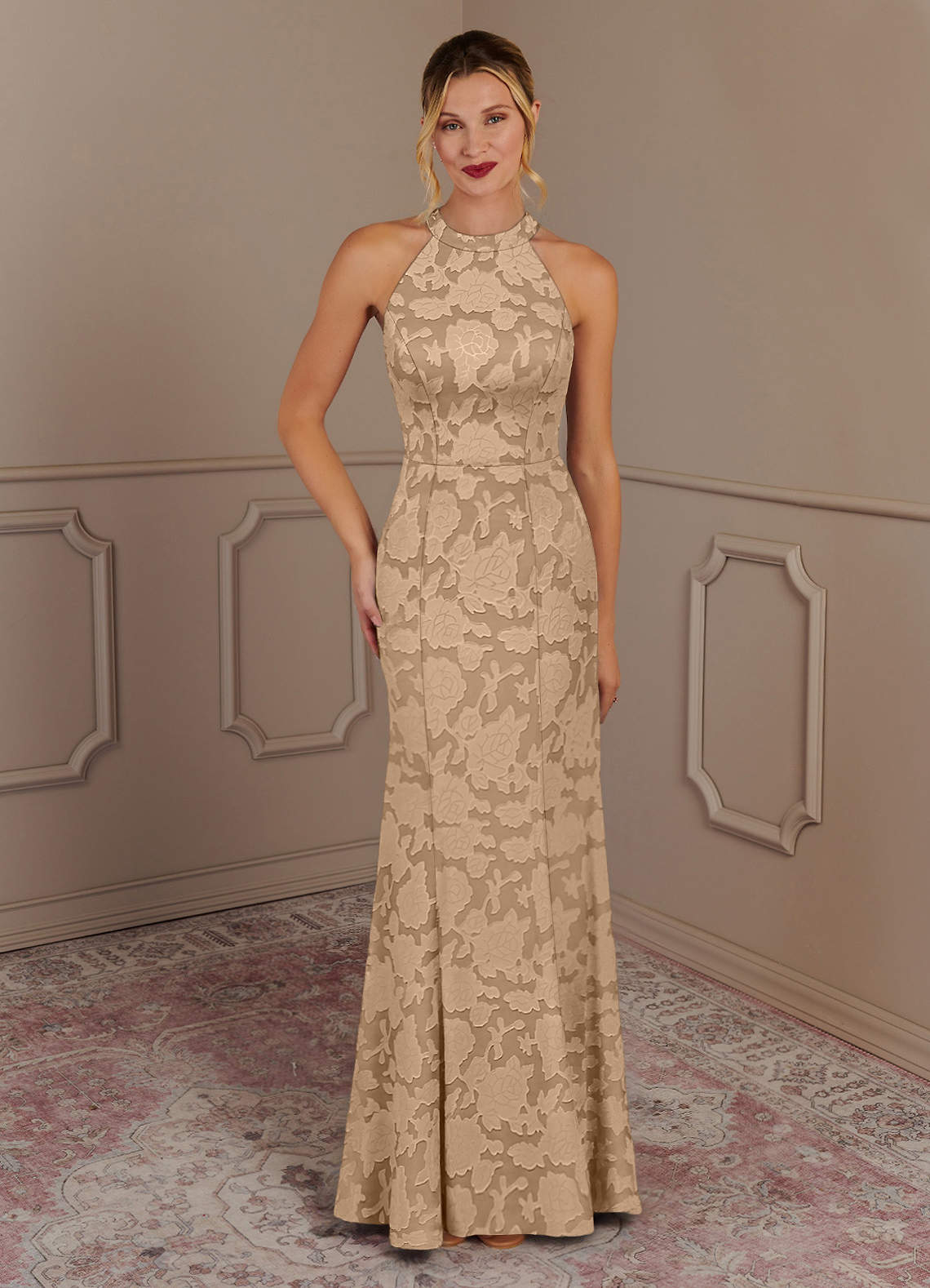 Azazie Tyra Champagne Mermaid Floral Burnout Dress | Azazie