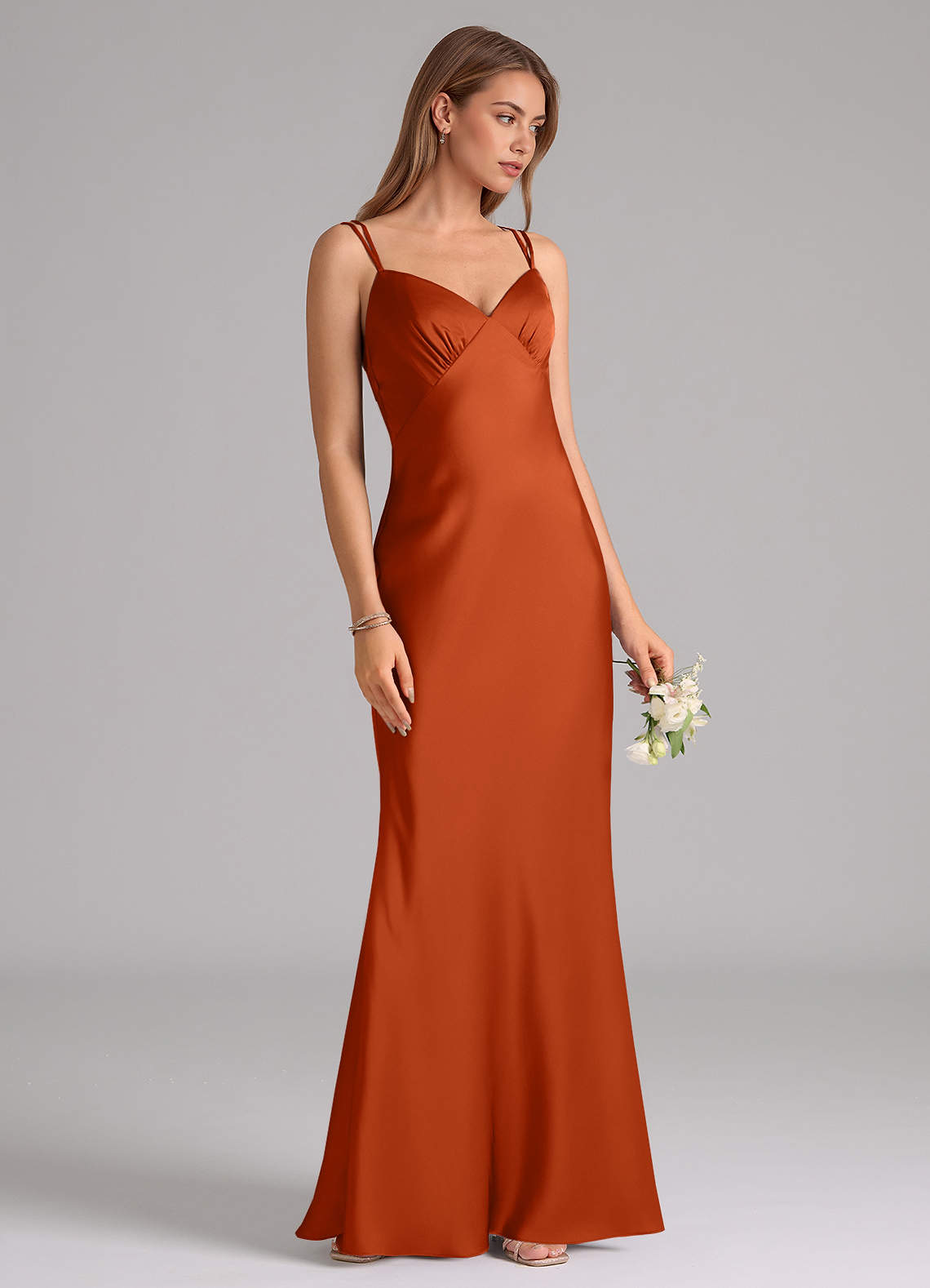 Azazie Suttona Vestidos de damas de honor Vestido de Naranja Quemada de Satén Elástico de Corte en A con Plisado image1