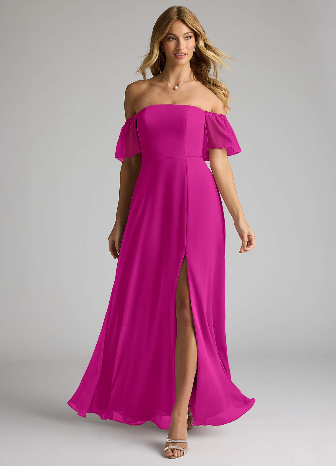 Azazie Sue Robes de demoiselle d'honneur Robe Trapèze Convertible en Mousseline de soie Épaule décolletée Fuchsia image1
